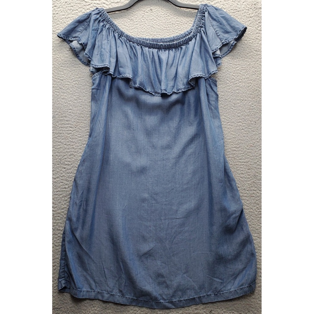 Tommy Bahama Dress Womens Large Blue Chambray Off-the-Shoulder Flounce Ruffled